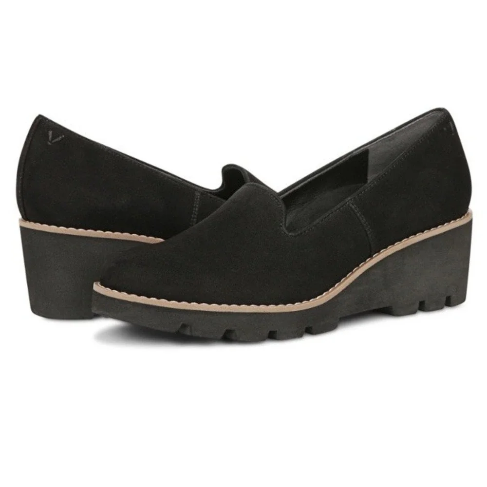 Vionic‎ Willa Black Suede Leather Wedge Womens 7.5 Medium Shoes Arch Support New